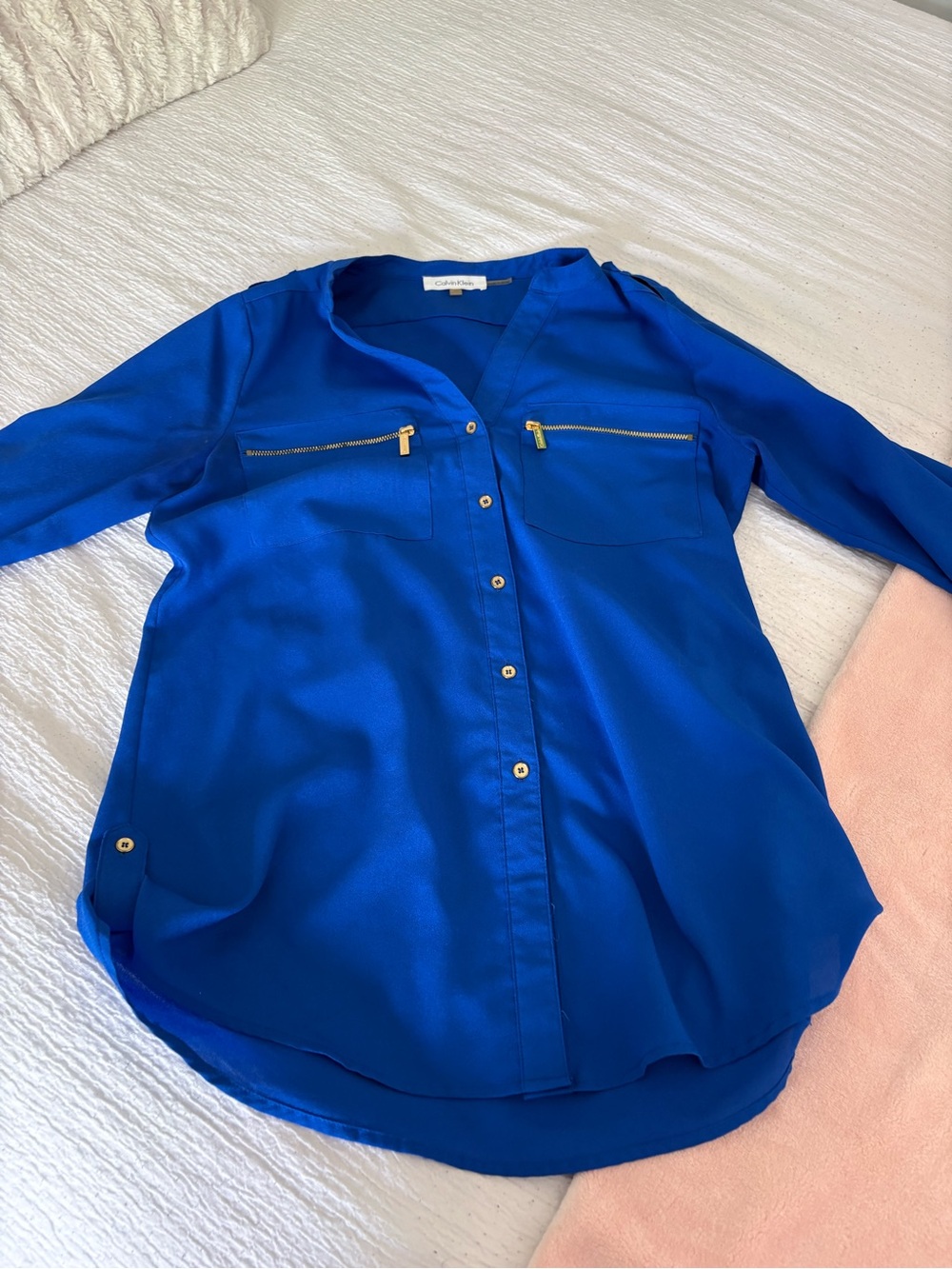 Calvin Klein Cobalt Blue Button-Front Blouse with Gold Zips